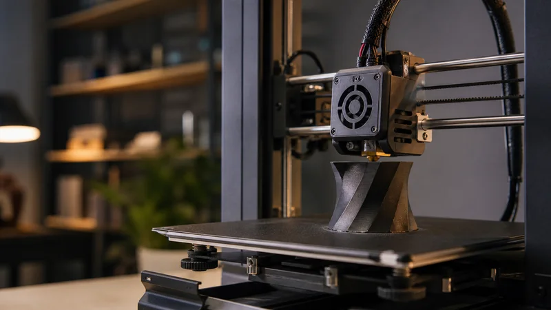 Close, clean detail of the FDM 3d printer mid-print, warm interior light, no people in frame