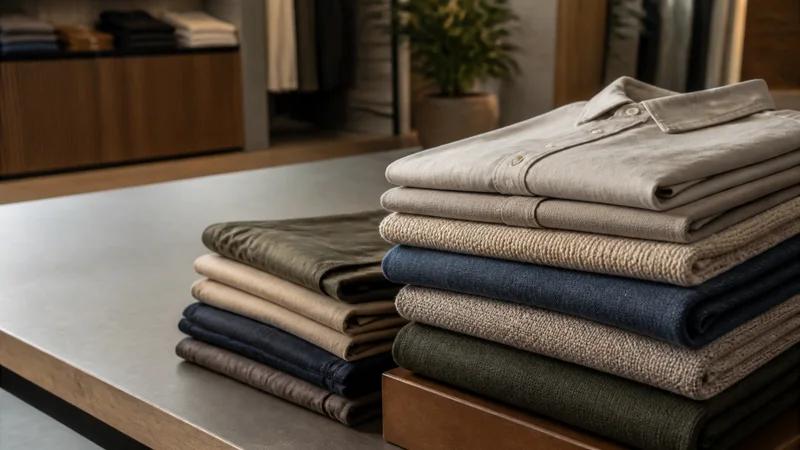 Close, clean detail of the neatly folded garments on a table, warm interior light, no people in frame