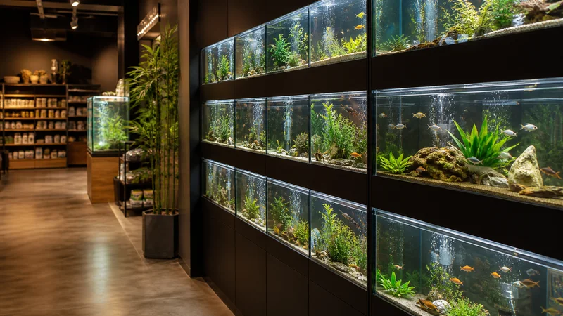 Close, clean detail of the backlit aquarium wall of fish tanks, warm interior light, no people in frame
