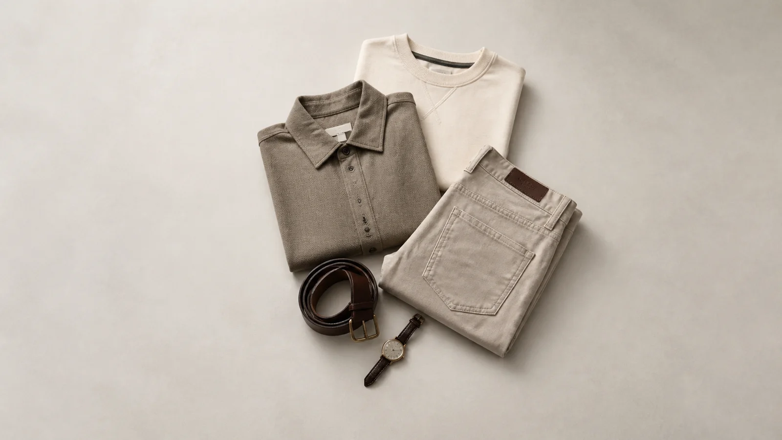 Styled flat-lay of folded garments and fashion accessories on a clean background, clean even studio light, generous negative space for overlaid text