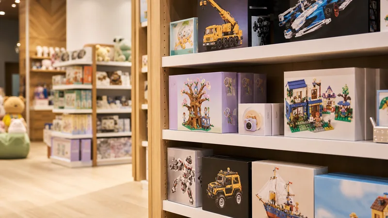 Close, clean detail of the shelves of boxed toys and building sets, warm interior light, no people in frame