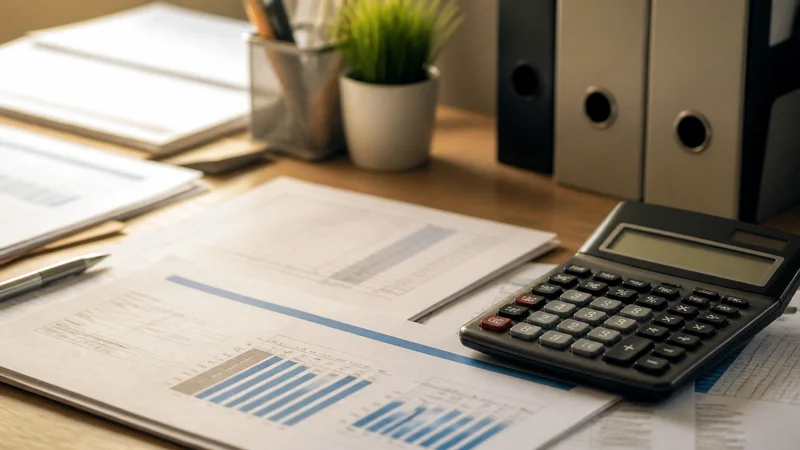 Close, clean detail of the printed spreadsheets and a desktop calculator, warm interior light, no people in frame
