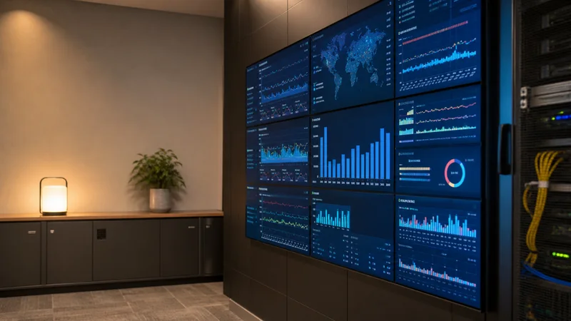 Close, clean detail of the wall of network monitoring dashboards, warm interior light, no people in frame
