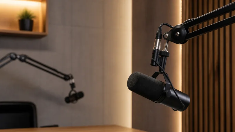 Close, clean detail of the studio microphones on boom arms, warm interior light, no people in frame