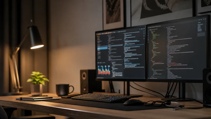 Close, clean detail of the developer desk with dual code monitors, warm interior light, no people in frame