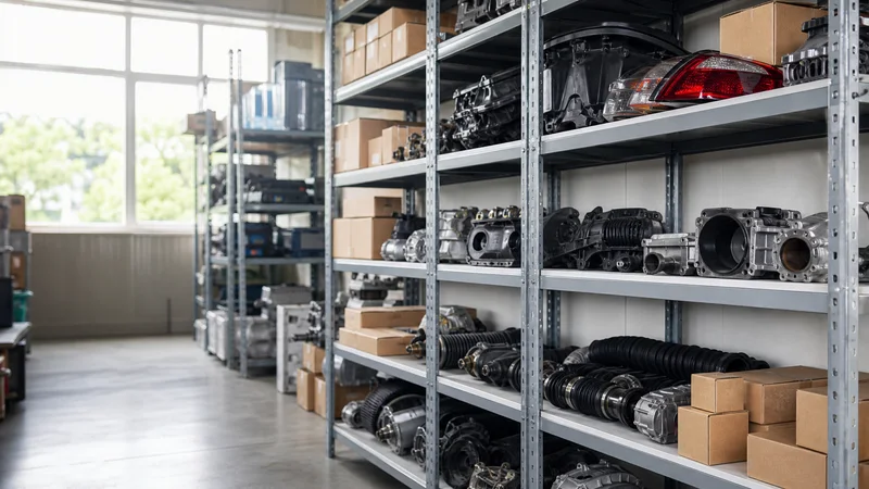 Close, clean detail of the aisles of shelving stocked with car parts, bright daylight through the windows, no people in frame