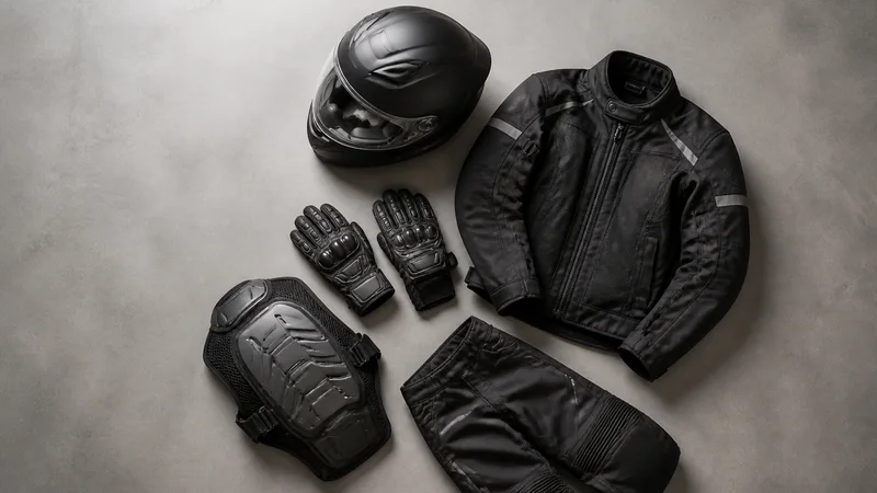 Styled flat-lay of helmet, gloves and riding gear on a clean background, clean even studio light, generous negative space for overlaid text