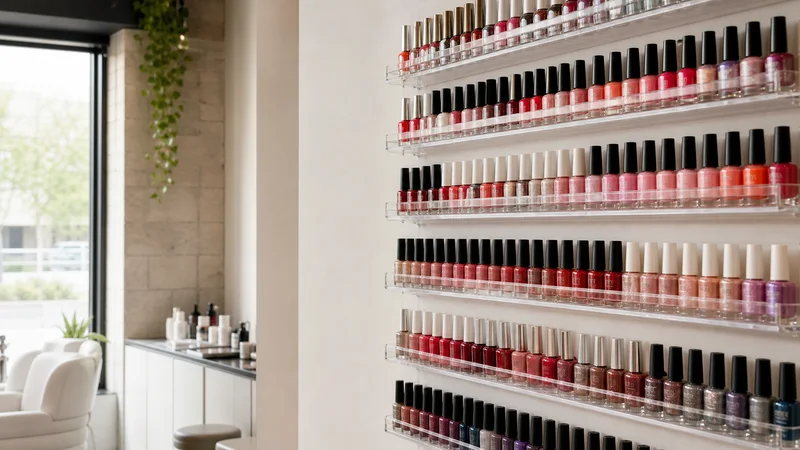 Close, clean detail of the wall rack of nail polish bottles, bright daylight through the windows, no people in frame