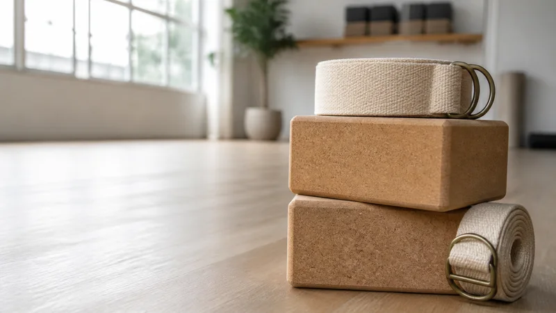 Close, clean detail of the stacked cork yoga blocks and straps, bright daylight through the windows, no people in frame