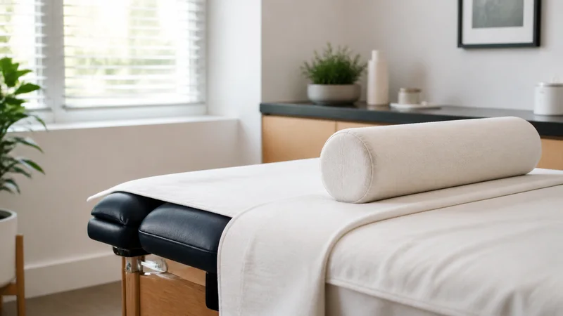 Close, clean detail of the treatment table with bolster, bright daylight through the windows, no people in frame