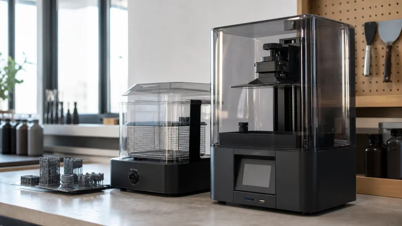 Close, clean detail of the resin SLA printer and wash station, bright daylight through the windows, no people in frame