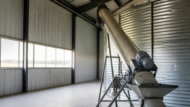Close, clean detail of the grain auger and storage silo, bright daylight through the windows, no people in frame
