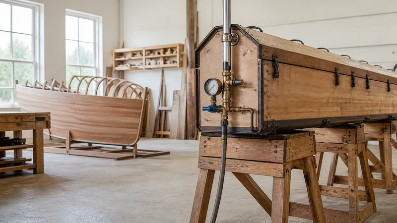 Close, clean detail of the steam box for bending planks, bright daylight through the windows, no people in frame