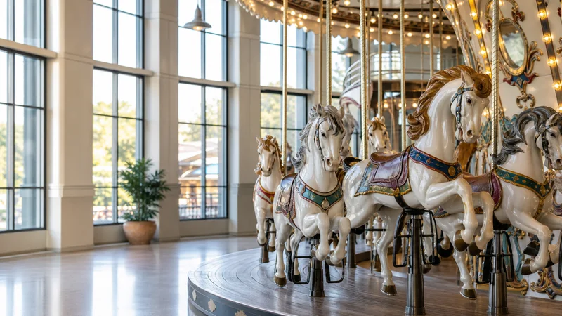 Close, clean detail of the spinning carousel with horses, bright daylight through the windows, no people in frame
