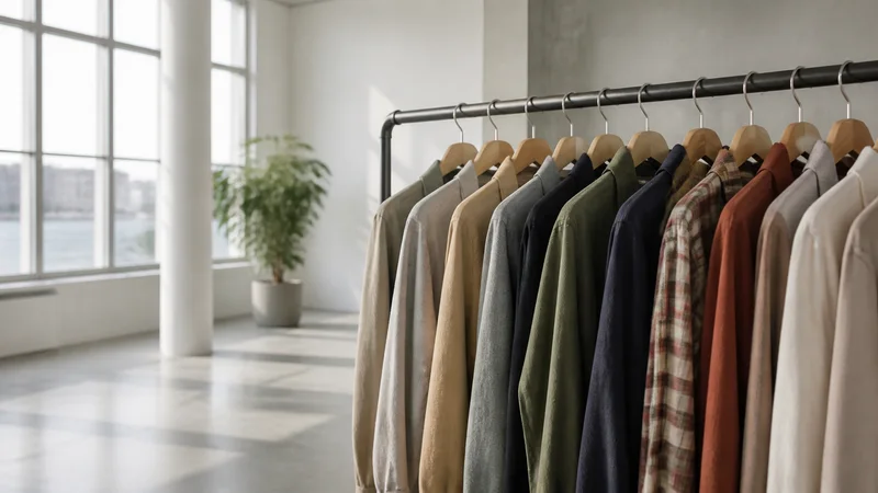 Close, clean detail of the a rack of hung seasonal outfits, bright daylight through the windows, no people in frame