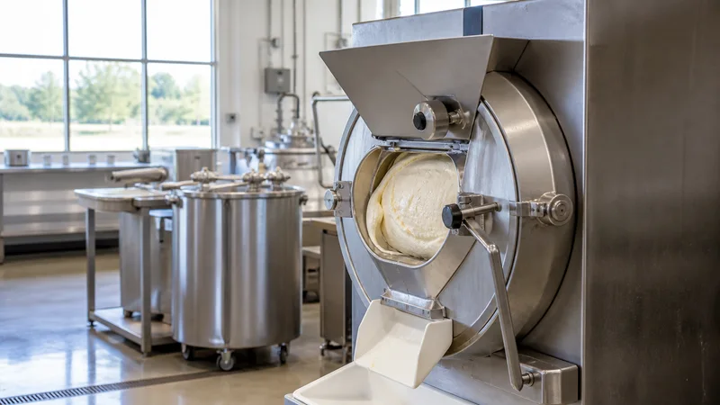 Close, clean detail of the batch ice cream churn machine, bright daylight through the windows, no people in frame