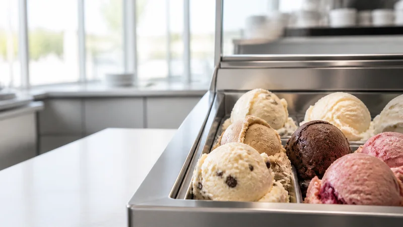 Close, clean detail of the ice cream scoops in a scoop well, bright daylight through the windows, no people in frame
