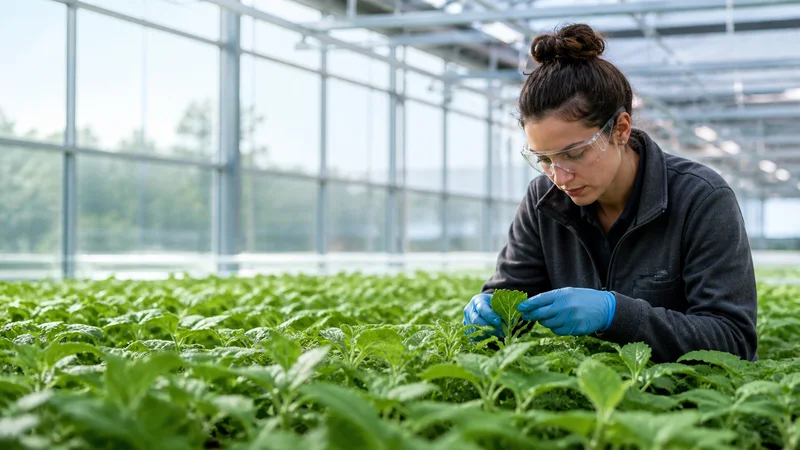 A grower inspecting a crop by hand, bright daylight through the windows