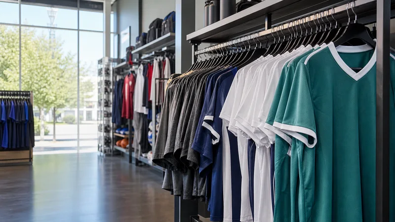 Close, clean detail of the racks of team jerseys and activewear, bright daylight through the windows, no people in frame