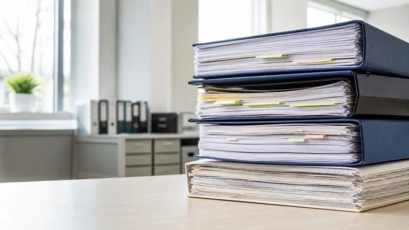 Close, clean detail of the stacked tax return binders and ledgers, bright daylight through the windows, no people in frame