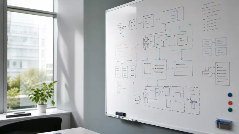 Close, clean detail of the whiteboard covered in architecture diagrams, bright daylight through the windows, no people in frame