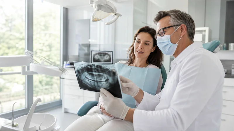 A dentist reviewing an x-ray with a patient, bright daylight through the windows