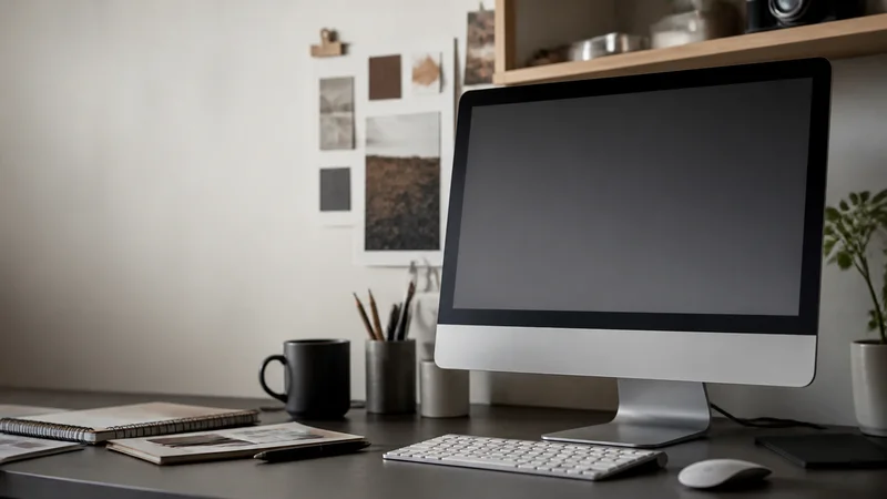 Close, clean detail of the an iMac on a designer's desk, soft even indoor light, no people in frame