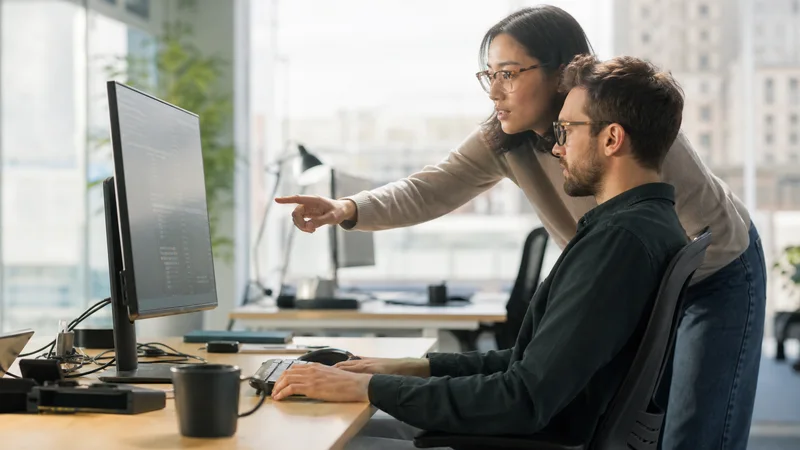 A software engineer pairing over a design on a monitor, bright daylight through the windows