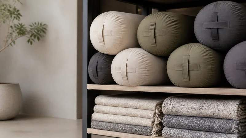 Close, clean detail of the bolsters and folded blankets on a shelf, soft even indoor light, no people in frame