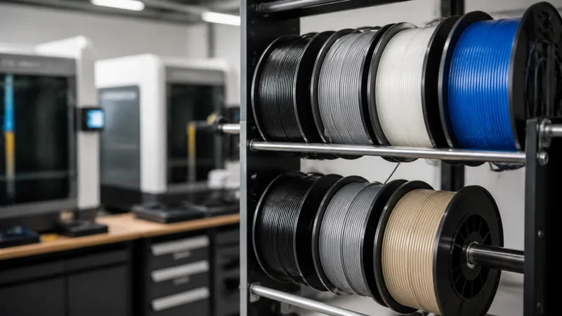 Close, clean detail of the spools of filament on a rack, soft even indoor light, no people in frame