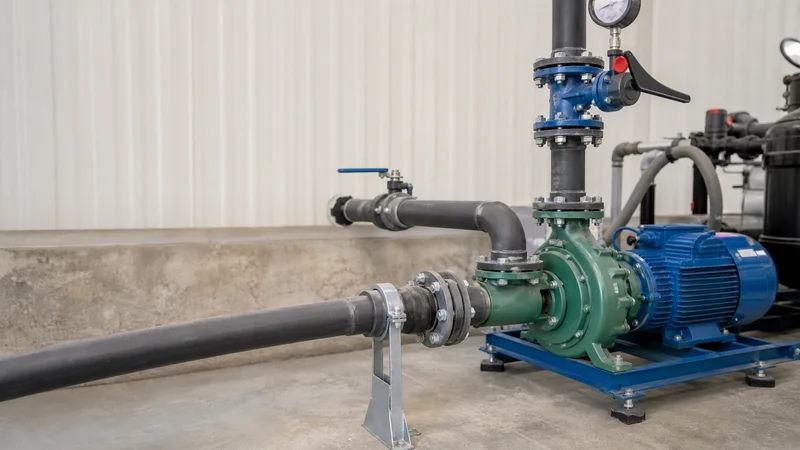 Close, clean detail of the irrigation pump and pipework, soft even indoor light, no people in frame