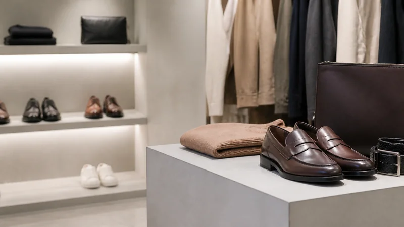 Close, clean detail of the a display of shoes and accessories, soft even indoor light, no people in frame