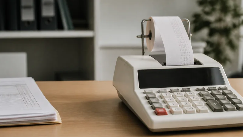 Close, clean detail of the adding machine with a paper tape roll, soft even indoor light, no people in frame