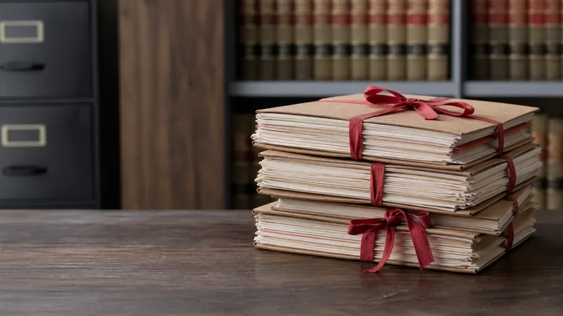 Close, clean detail of the stacked case files tied with red ribbon, soft even indoor light, no people in frame