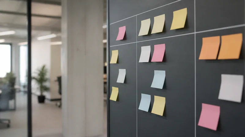Close, clean detail of the kanban board with sticky notes, soft even indoor light, no people in frame