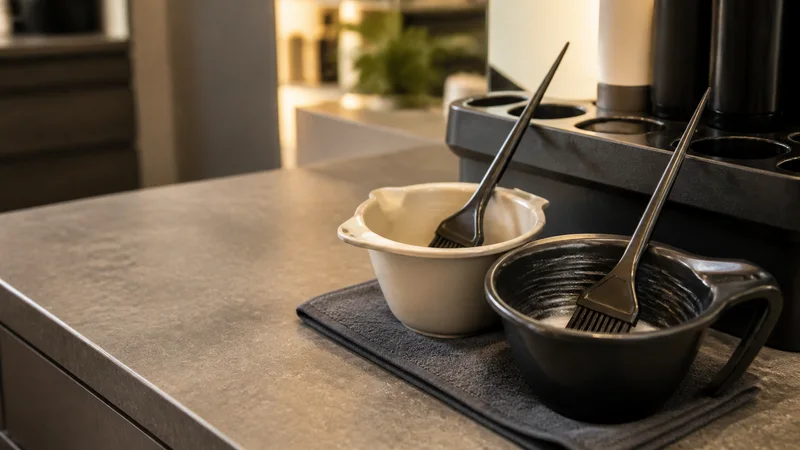 Close, clean detail of the colour mixing bowls and tint brushes, warm interior light, no people in frame
