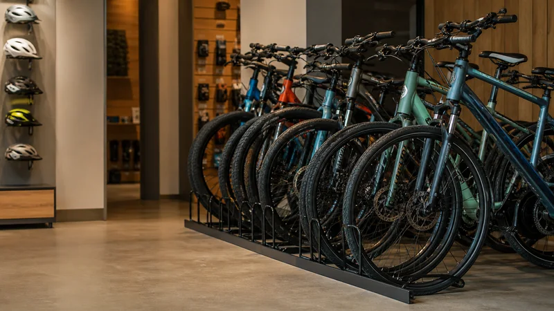 Close, clean detail of the bike display rack lined with new bicycles, warm interior light, no people in frame