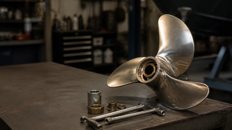Close, clean detail of the propeller and prop tools on a workbench, warm interior light, no people in frame