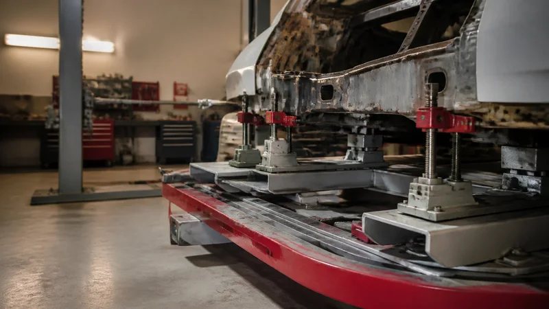 Close, clean detail of the frame straightening rack holding a car, warm interior light, no people in frame