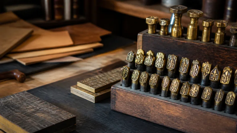 Close, clean detail of the gold-tooling stamps and brass type, warm interior light, no people in frame