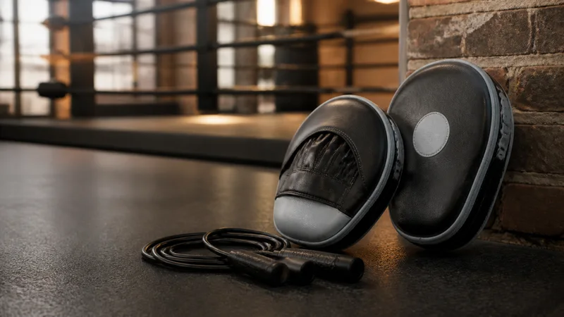 Close, clean detail of the focus mitts and a skipping rope, warm interior light, no people in frame