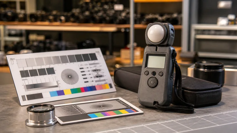 Close, clean detail of the light meter and testing charts, warm interior light, no people in frame