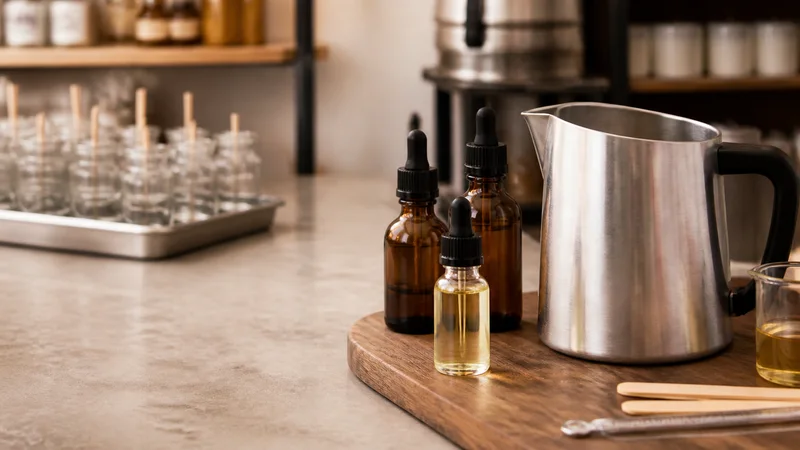 Close, clean detail of the fragrance oils and a pouring pitcher, warm interior light, no people in frame