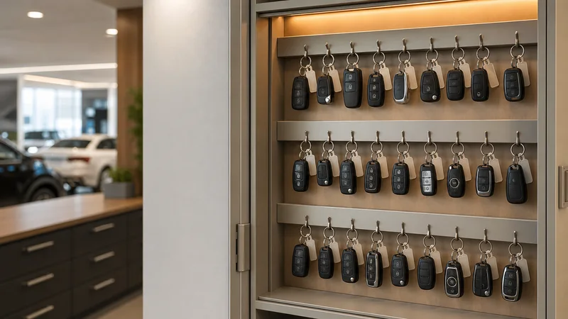 Close, clean detail of the key cabinet with rows of car keys, warm interior light, no people in frame