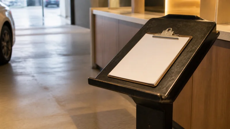 Close, clean detail of the returns inspection stand with a clipboard, warm interior light, no people in frame