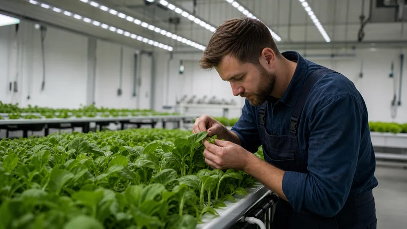 A grower inspecting a crop by hand, soft even indoor light