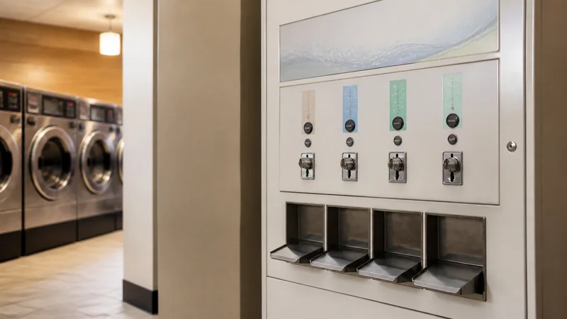 Close, clean detail of the change and detergent vending machine, warm interior light, no people in frame