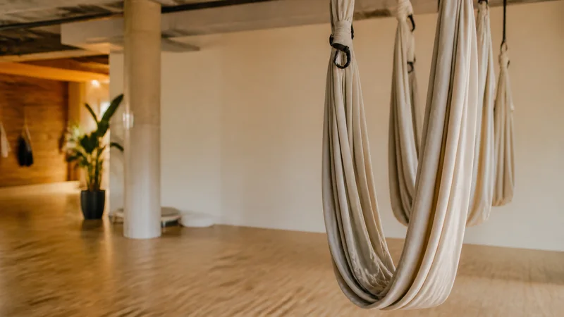 Close, clean detail of the hanging aerial yoga silks, warm interior light, no people in frame