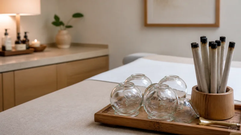Close, clean detail of the cupping glasses and moxa sticks, warm interior light, no people in frame