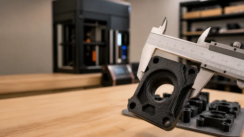 Close, clean detail of the calipers measuring a printed part, warm interior light, no people in frame